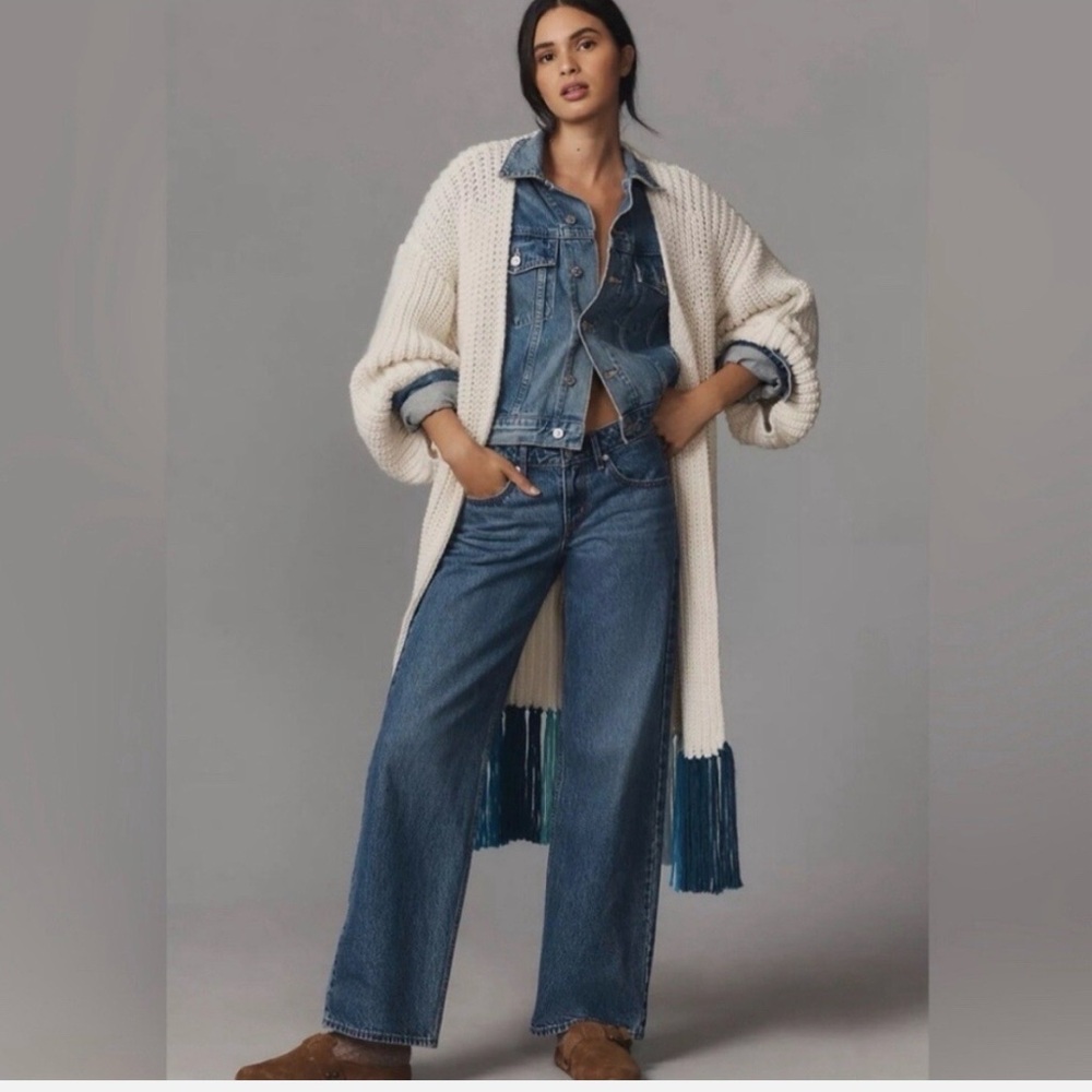 Anthropologie long cream/off white cardigan sweater chunky knit blue fringe boho